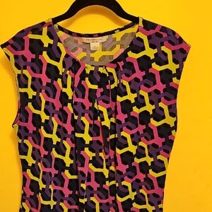 Liz Claiborne Pink and Yellow Graphic Cap Sleeve Blouse